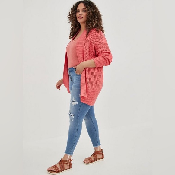 Torrid - Waffle Knit Open Front Sweater Coral - Picture 4 of 11